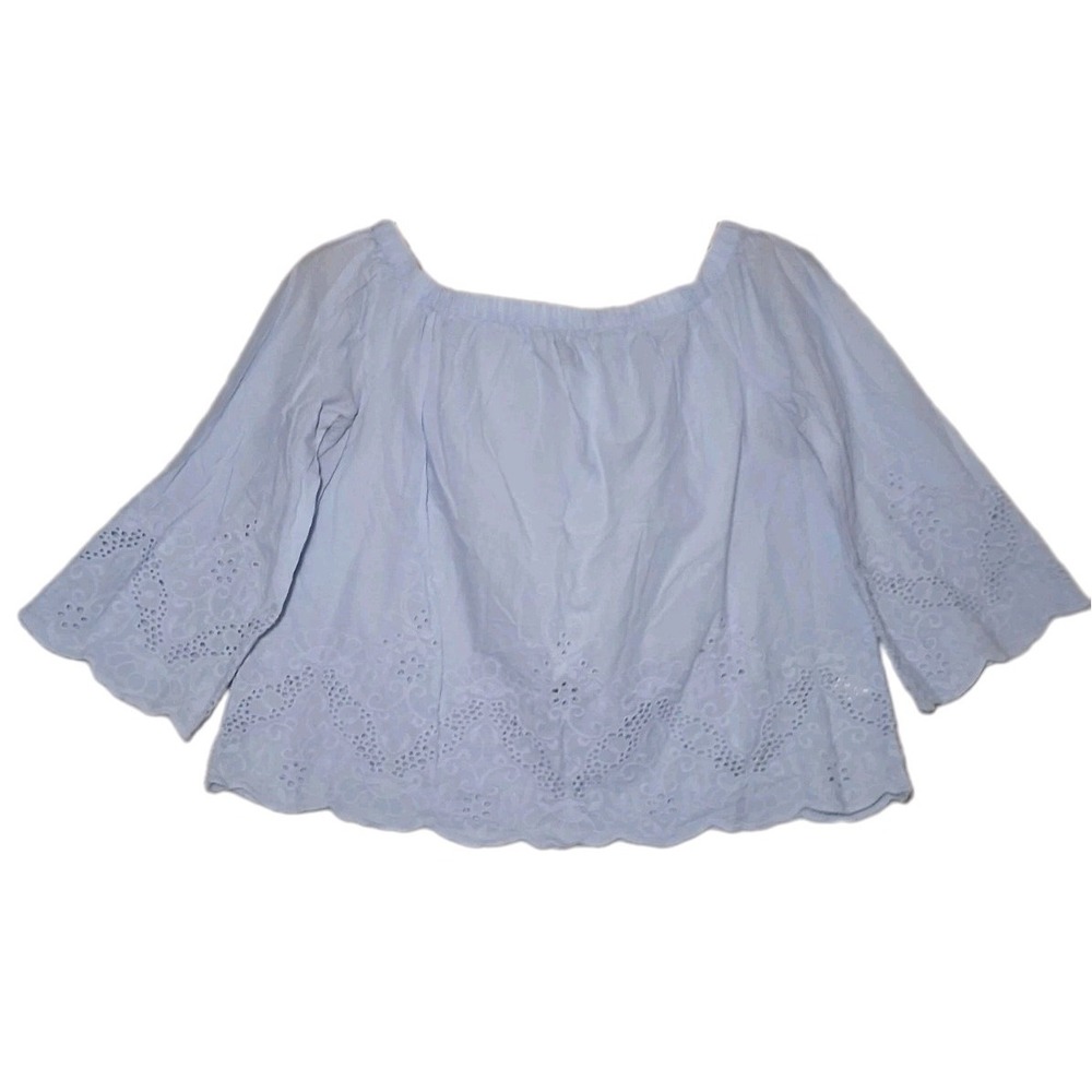 (2) F21 Off Shoulder Top Cotton Eyelet Embroidered Blouse Bright Red & Ice Blue - Picture 7 of 12
